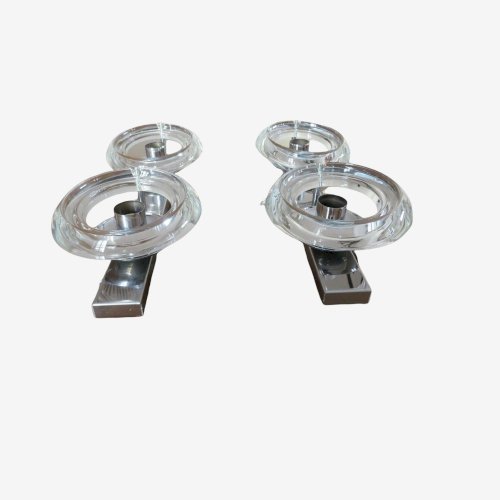 GAETANO SCIOLARI PAIRE DAPPLIQUES DOUBLES EN METAL CHROME ET VERRE ANNEES 60 70
