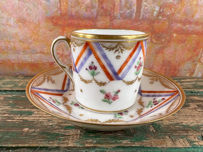 German Porcelain Cup & Saucer – Hand Painted – Floral & Neoclassical Design – 19