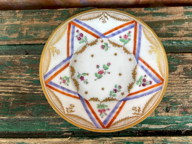 German Porcelain Cup & Saucer – Hand Painted – Floral & Neoclassical Design – 19