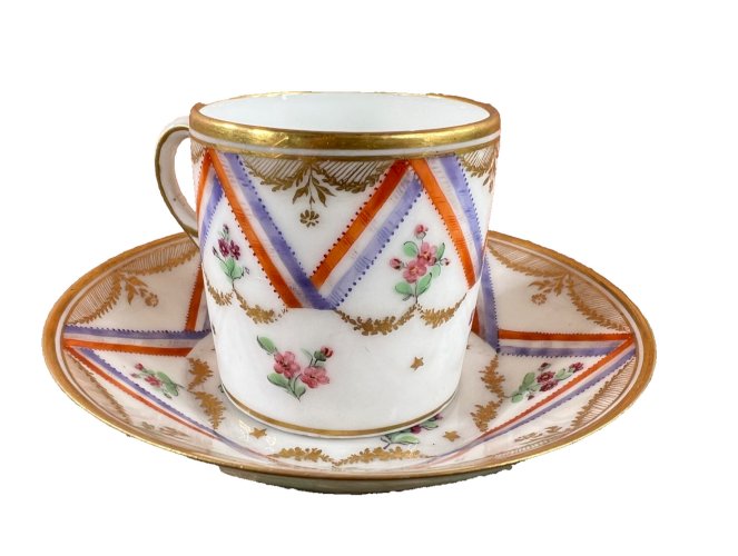 German Porcelain Cup & Saucer – Hand Painted – Floral & Neoclassical Design – 19
