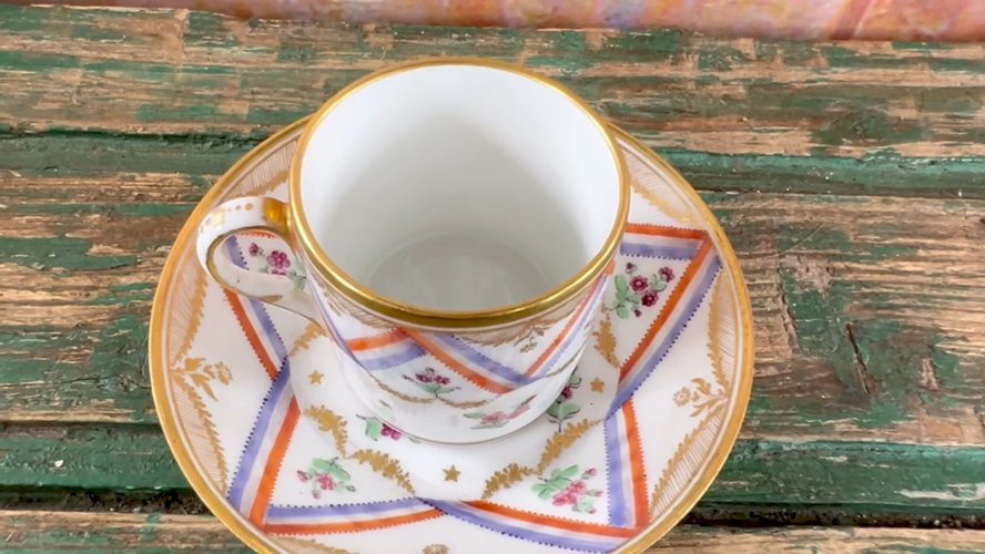 German Porcelain Cup & Saucer – Hand Painted – Floral & Neoclassical Design – 19