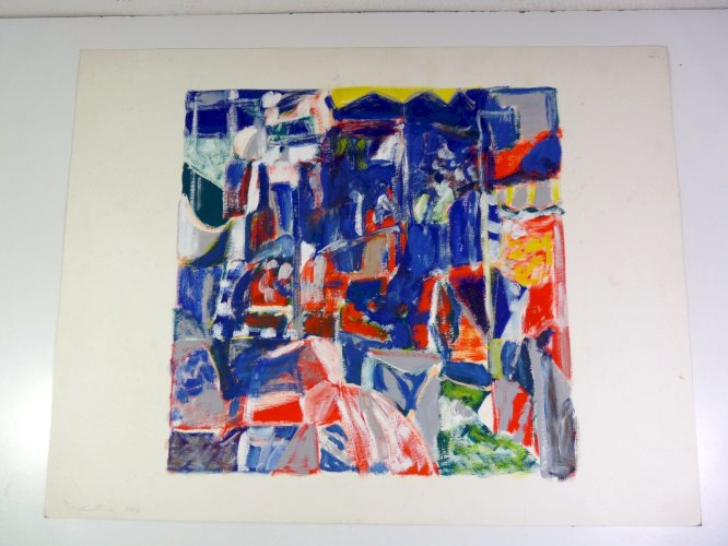 Gouache abstraite sur carton XX° signée Patrice COLLECINI 1986, tampon sec