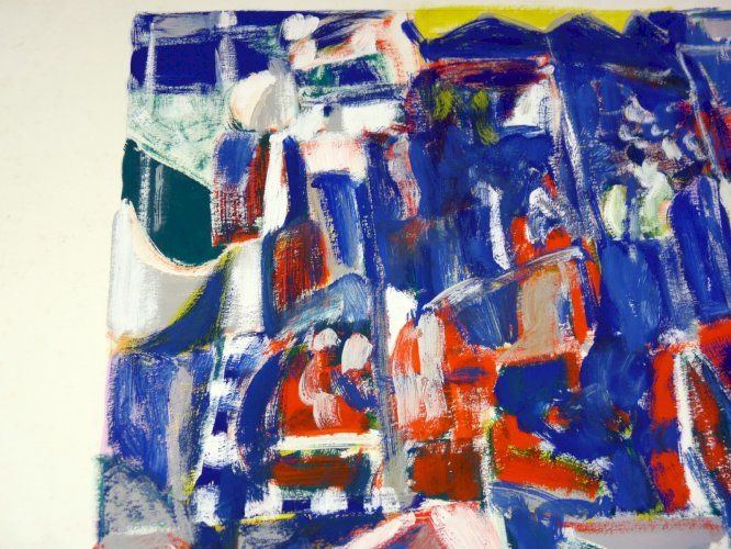 Gouache abstraite sur carton XX° signée Patrice COLLECINI 1986, tampon sec