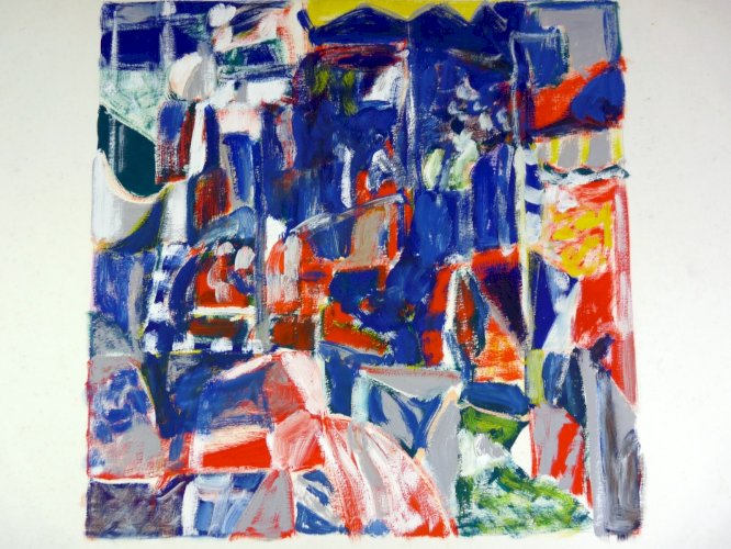 Gouache abstraite sur carton XX° signée Patrice COLLECINI 1986, tampon sec