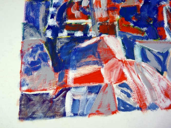 Gouache abstraite sur carton XX° signée Patrice COLLECINI 1986, tampon sec