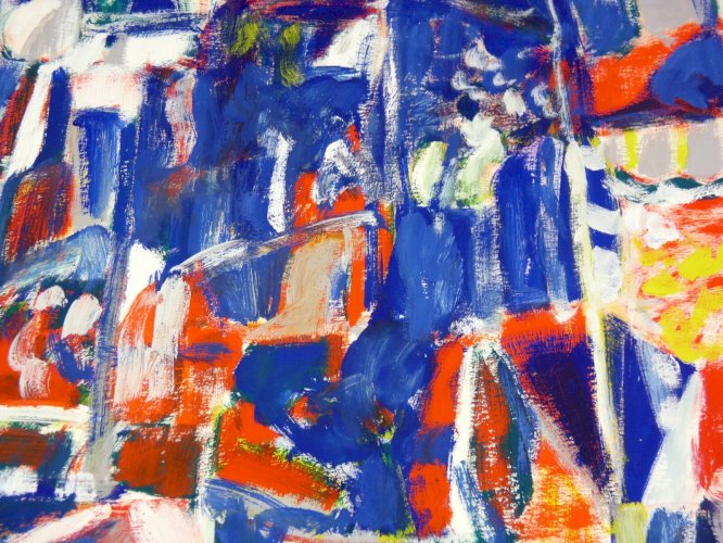 Gouache abstraite sur carton XX° signée Patrice COLLECINI 1986, tampon sec