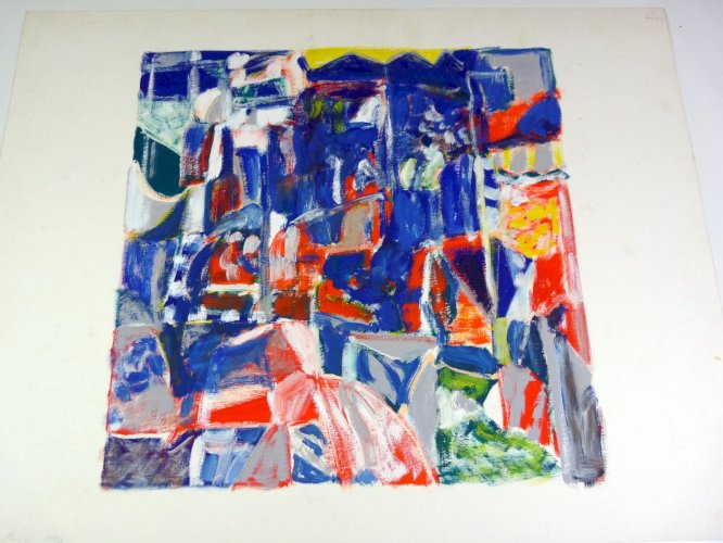 Gouache abstraite sur carton XX° signée Patrice COLLECINI 1986, tampon sec