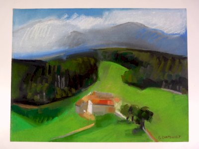 Gouache / papier XX° MAISON AU MILIEU DE LA FORET Signée Bernadette CHATOUILLOT