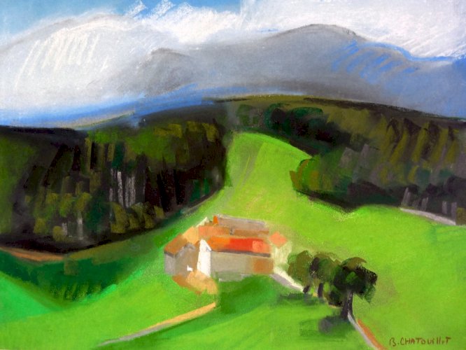 Gouache / papier XX° MAISON AU MILIEU DE LA FORET Signée Bernadette CHATOUILLOT