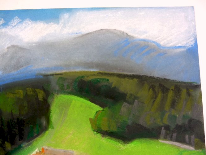 Gouache / papier XX° MAISON AU MILIEU DE LA FORET Signée Bernadette CHATOUILLOT