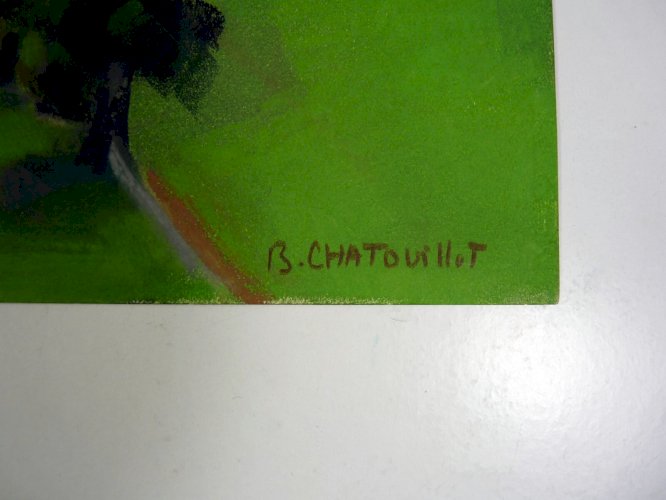 Gouache / papier XX° MAISON AU MILIEU DE LA FORET Signée Bernadette CHATOUILLOT