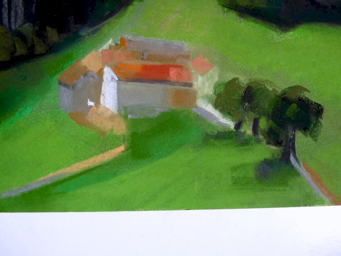 Gouache / papier XX° MAISON AU MILIEU DE LA FORET Signée Bernadette CHATOUILLOT