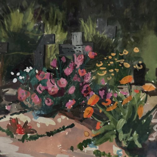 Gouache sur papier cimetière fleuri des Bénédictines de Craon 1945 A5706