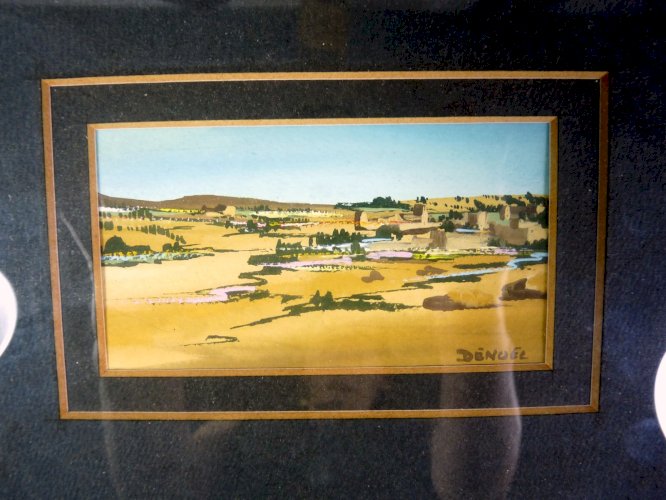 Gouache sur papier Ecole Suisse XX° PAYSAGE DE MARRAKECH par Dénoel signature