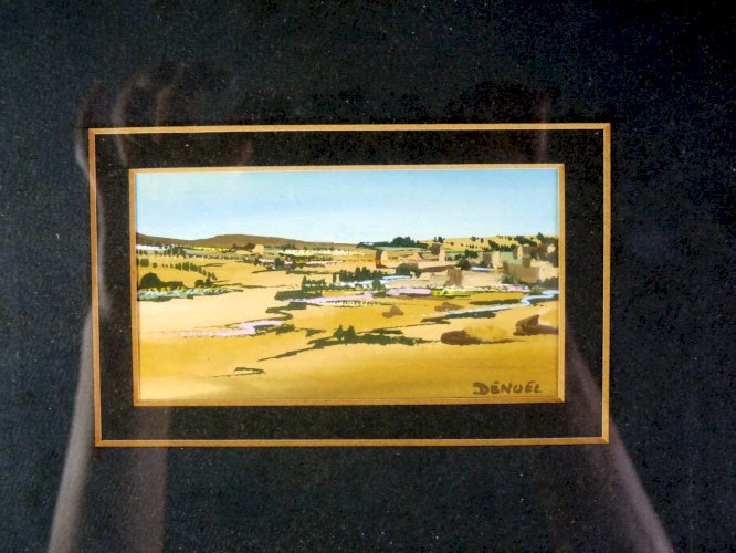 Gouache sur papier Ecole Suisse XX° PAYSAGE DE MARRAKECH par Dénoel signature