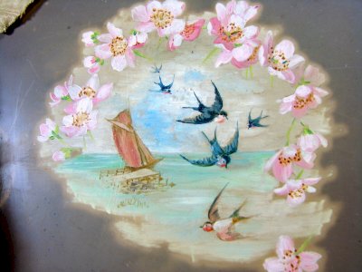 Gouache on Glass 19th CENTURY MARINE LANDSCAPE BIRDS White Ribbon Frame 17.8 x 13 cm