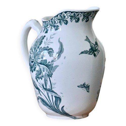 Grand broc / carafe du XIXe terre de fer oiseau signé Moulin des Loups