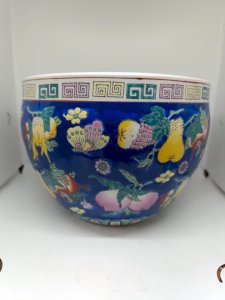 large original floral pot with fruit and butterfly decoration in good condition