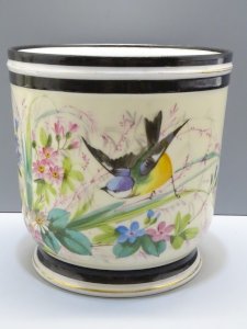 LARGE PORCELAIN CACHE POT NAPOLEON III BLUE TIT BUTTERFLY FLOWERS D