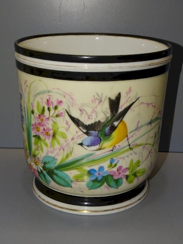 -GRAND CACHE POT PORCELAINE NAPOLEON III  MESANGE BLEUE PAPILLON FLEURS     D