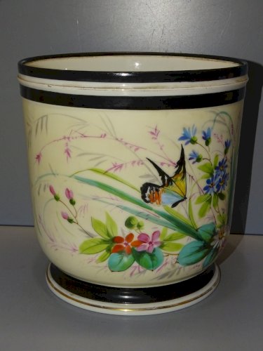 -GRAND CACHE POT PORCELAINE NAPOLEON III  MESANGE BLEUE PAPILLON FLEURS     D