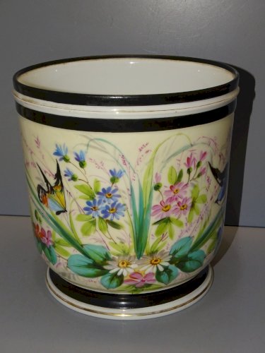 -GRAND CACHE POT PORCELAINE NAPOLEON III  MESANGE BLEUE PAPILLON FLEURS     D