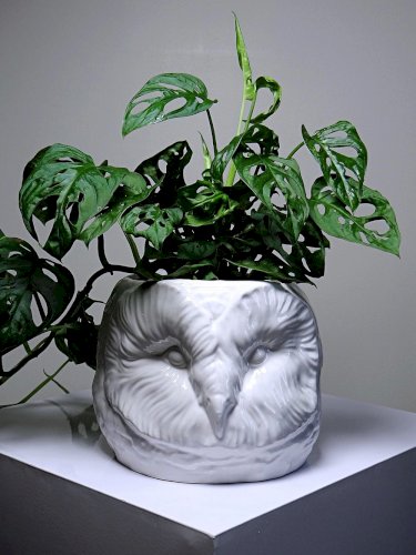 Grand cache pot tête de chouette faïence blanche Italienne vintage