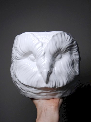 Grand cache pot tête de chouette faïence blanche Italienne vintage