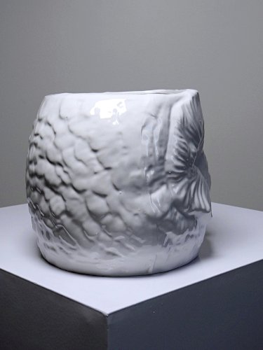 Grand cache pot tête de chouette faïence blanche Italienne vintage