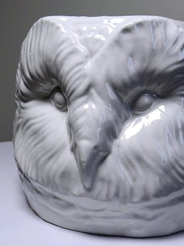 Grand cache pot tête de chouette faïence blanche Italienne vintage