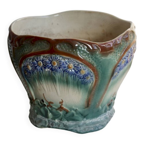 Grand cache-pot vintage barbotine style Art Nouveau – Décor floral