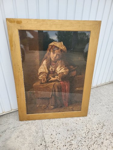GRAND CADRE CHROMO SOUS VERRE DE L.PERRAULT 74 A LEGRAS ED ENFANT AVEC MANDOLINE