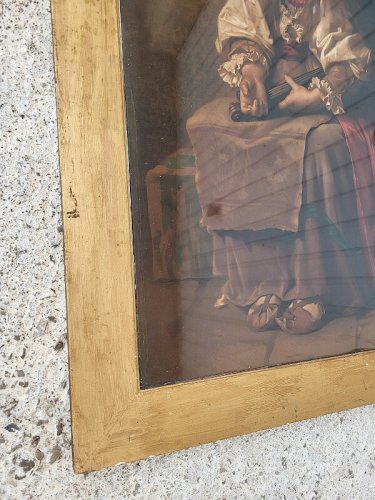 GRAND CADRE CHROMO SOUS VERRE DE L.PERRAULT 74 A LEGRAS ED ENFANT AVEC MANDOLINE