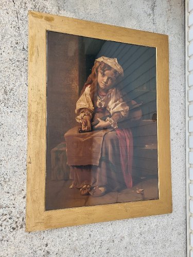 GRAND CADRE CHROMO SOUS VERRE DE L.PERRAULT 74 A LEGRAS ED ENFANT AVEC MANDOLINE
