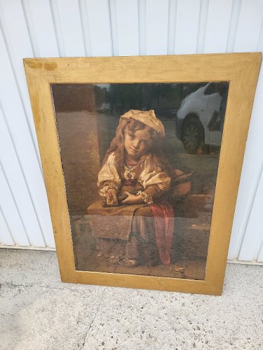 GRAND CADRE CHROMO SOUS VERRE DE L.PERRAULT 74 A LEGRAS ED ENFANT AVEC MANDOLINE