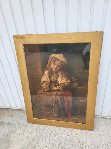 GRAND CADRE CHROMO SOUS VERRE DE L.PERRAULT 74 A LEGRAS ED ENFANT AVEC MANDOLINE