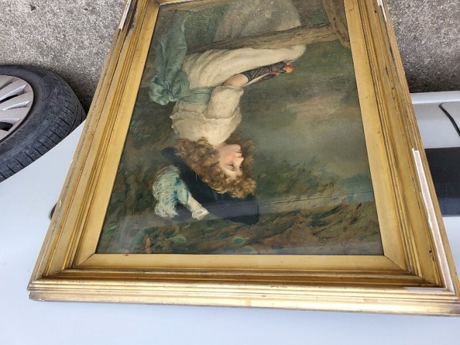 GRAND CADRE CHROMO SOUS VERRE JEUNE FILLE AU CHAPEAU
