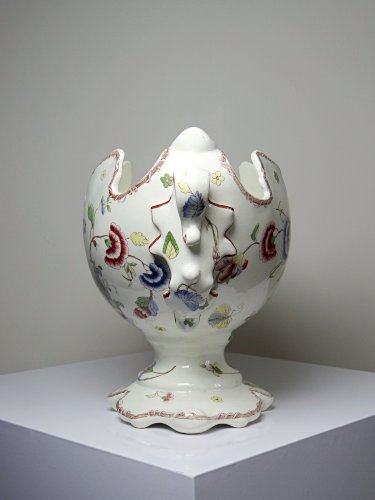 Grand centre de table, ancienne faïence polychrome Gien, Longchamp ou Rouen