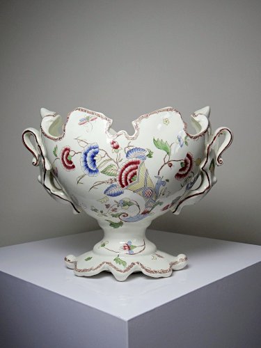 Grand centre de table, ancienne faïence polychrome Gien, Longchamp ou Rouen