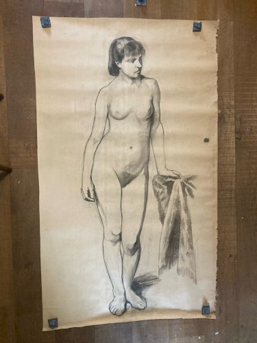 Grand Dessin 170 Cm Taille Réelle XIXe Atelier Femme Nu XIXe A Identifier Ancien