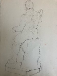 Grand Dessin 1850 XIXe a l antique homme Nu Papier Dos Muscle crayon Art Ancien