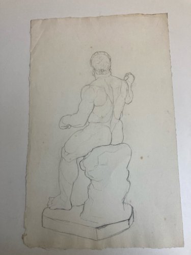 Grand Dessin 1850 XIXe a l antique homme Nu Papier Dos Muscle crayon Art Ancien