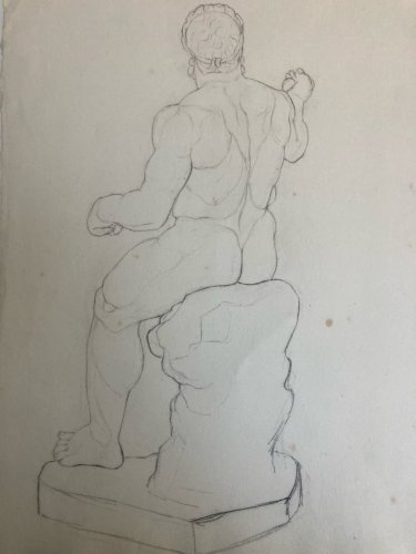Grand Dessin 1850 XIXe a l antique homme Nu Papier Dos Muscle crayon Art Ancien