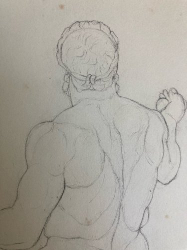 Grand Dessin 1850 XIXe a l antique homme Nu Papier Dos Muscle crayon Art Ancien