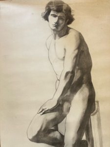 Grand Dessin 2 m Taille Réelle XIXe Atelier homme Assis Nu 1870 A Identifier