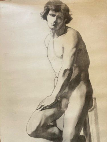 Grand Dessin 2 m Taille Réelle XIXe Atelier homme Assis Nu 1870 A Identifier