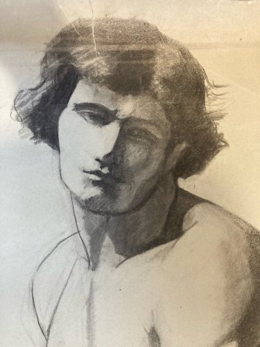 Grand Dessin 2 m Taille Réelle XIXe Atelier homme Assis Nu 1870 A Identifier