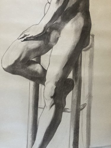 Grand Dessin 2 m Taille Réelle XIXe Atelier homme Assis Nu 1870 A Identifier