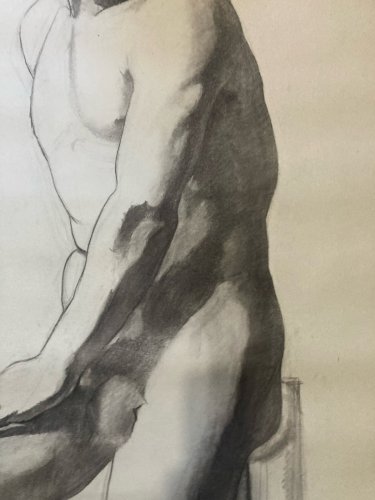 Grand Dessin 2 m Taille Réelle XIXe Atelier homme Assis Nu 1870 A Identifier