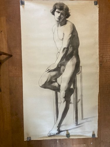 Grand Dessin 2 m Taille Réelle XIXe Atelier homme Assis Nu 1870 A Identifier